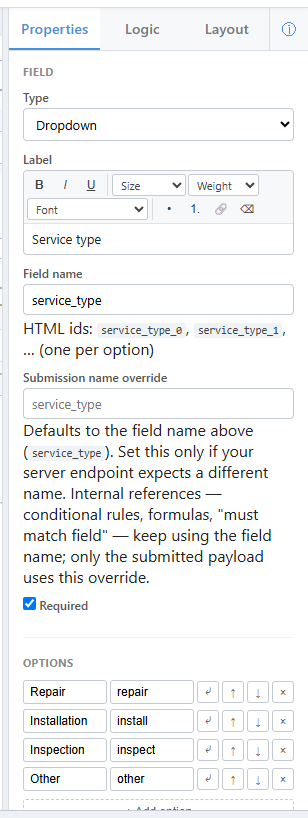 Dropdown Field Options