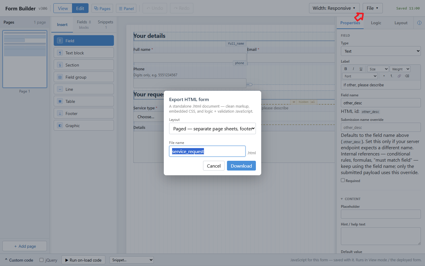 Export Form as HTML or PDF